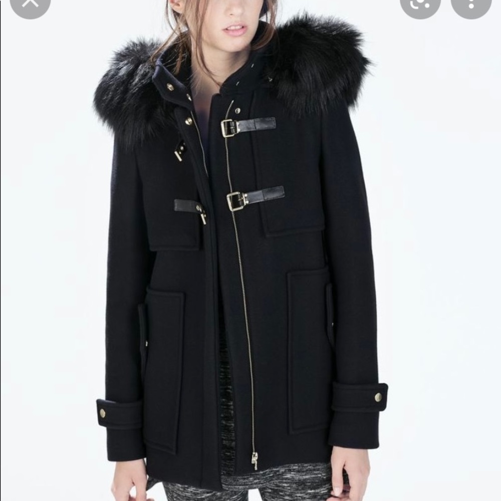 ZARA Black Duffle Wool coat jacket with front buckle and Faux fur hood